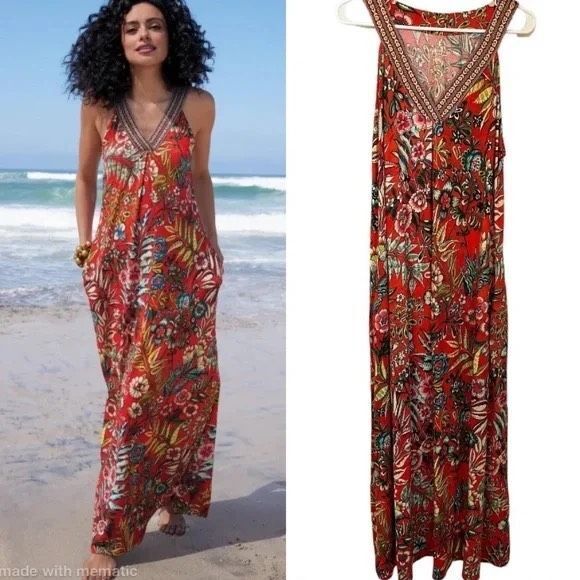 Soft Surroundings Womens Onani Red Tropical Floral Sleeveless Maxi Dress Size 2X - Picture 1 of 11